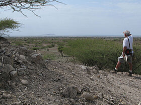 Dépôts lacustres (stromatolites) pliocènes de la Formation de Nachukui perchés au-dessus du niveau actuel du lac Turkana visible en arrière-plan avec l'île volcanique du Nord (Rift Est-africain, Kenya) (photo M. Schuster)