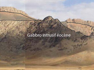 Gabbro calco-alcalin éocène intrusif dans un flysch volcano-clastique éocène inférieur sur des andésites paléocènes de bassin arrière-arc, le tout recouvert par du calcaire transgressif miocène (Kermanshah, Zagros charrié au SW de l’Iran) (Photo H. Whitechurch)